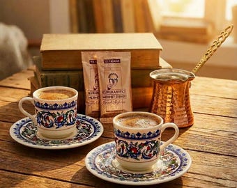Juego de café turco, tazas de espresso de porcelana, juego de regalo de cezve de cobre para dos