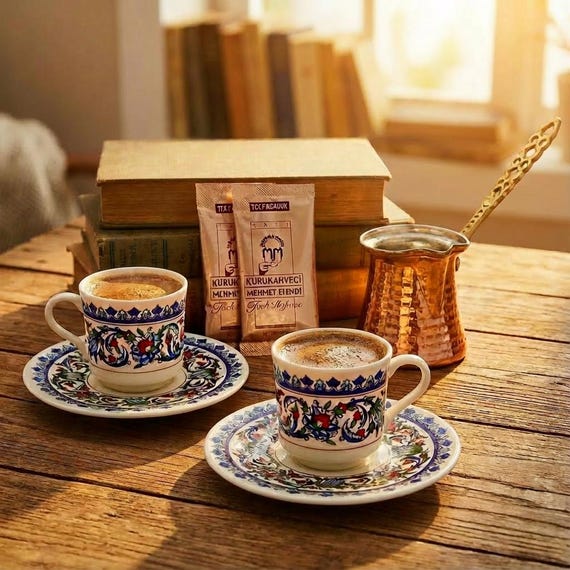 Türkisches Kaffee Set Porzellan Espresso Tassen Kupfer Cezve Geschenk Set für Zwei