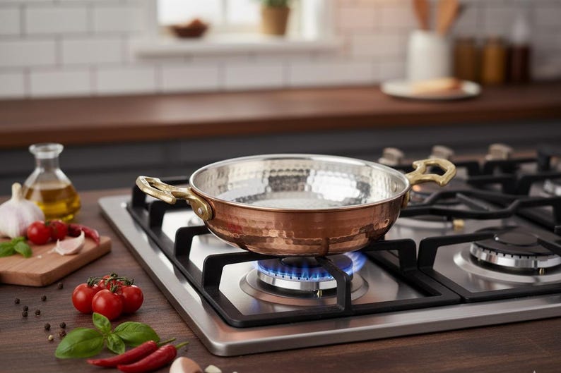 Puede incluir: Una sart&eacute;n de color cobre con interior martillado y asas de lat&oacute;n se encuentra sobre una estufa de gas con una llama azul. El entorno de la cocina incluye tomates frescos, ajo y aceite de oliva.