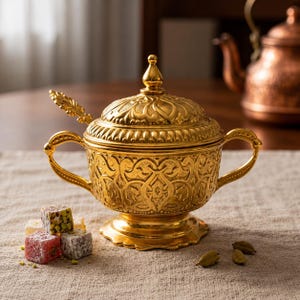 May include: A gold-coloured metal sugar bowl with a matching lid and a small spoon. The bowl features intricate embossed patterns, two side handles, and a pedestal base. The lid has a pointed finial top. The surface is metallic and reflective.