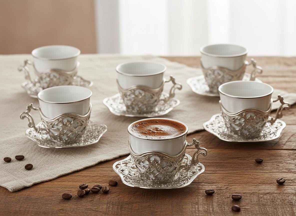 Service à café antique en métal argenté et tasses