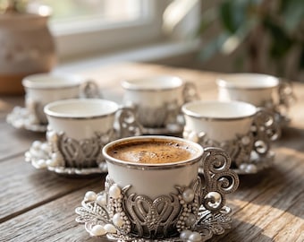 Juego de café turco de lujo con perlas de Swarovski: tazas de espresso plateadas, regalo de boda