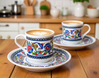 Juego de tazas de café turco, tazas de espresso de porcelana, estilo otomano, juego de regalo de dos, hechas a mano