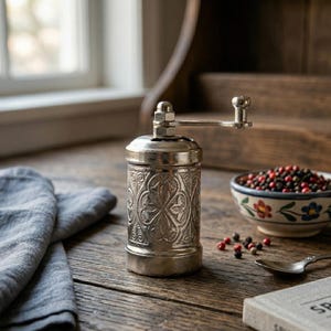 Puede incluir: Un molinillo de especias de metal plateado con un intrincado patr&oacute;n floral en relieve en su cuerpo cil&iacute;ndrico. El molinillo est&aacute; rematado con una manivela manual y un peque&ntilde;o pomo, dise&ntilde;ado para moler granos de pimienta u otras especias secas.