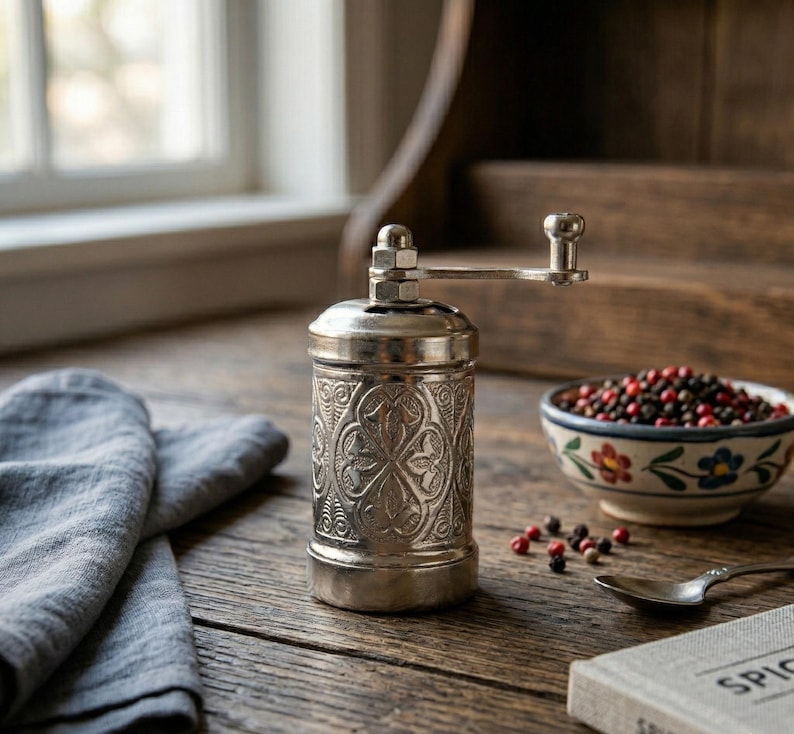 Puede incluir: Un molinillo de especias de metal plateado con un intrincado patr&oacute;n floral en relieve en su cuerpo cil&iacute;ndrico. El molinillo est&aacute; rematado con una manivela manual y un peque&ntilde;o pomo, dise&ntilde;ado para moler granos de pimienta u otras especias secas.