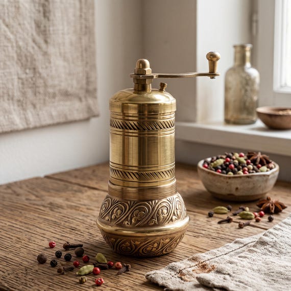 Handcrafted Solid Brass Spice Mill Adjustable Traditional Pepper Salt Grinder