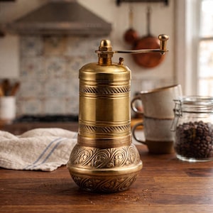 May include: A brass pepper grinder with a hand crank. The grinder has a cylindrical body with decorative bands and an ornate base. A glass jar of coffee beans and two mugs are in the background. The grinder is on a wooden surface.