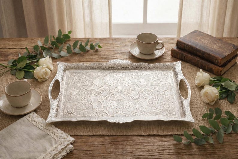 Pode incluir: Uma bandeja retangular prateada com padr&otilde;es florais e al&ccedil;as. Duas x&iacute;caras e pires, dois livros antigos e rosas brancas est&atilde;o dispostos sobre uma mesa de madeira. Uma toalha de linho com acabamento em renda tamb&eacute;m est&aacute; presente.