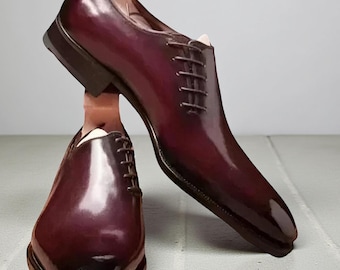 Nieuwe handgemaakte bordeauxrode oxfordschoenen voor heren, echt leren schoenen met veters aan de zijkant