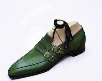 Neue handgefertigte grüne Herren-Lederschuhe mit Doppelmonk-Schnalle