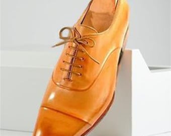 Handgemaakte herencap-toe Oxford oranje tan echt leren veterschoenen