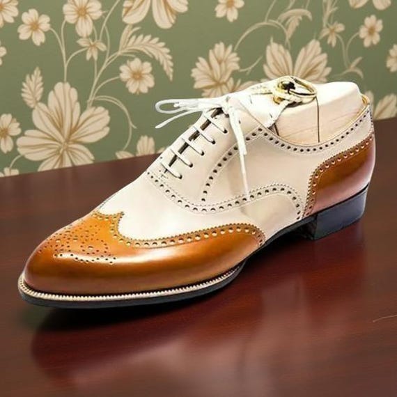 Handmade Men's Two Tone Brownish Yellow and Cream White Leather Oxford Shoes