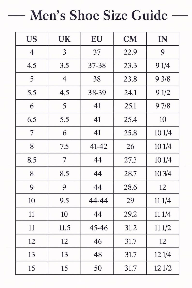 Op de afbeelding: Een schoenmatentabel genaamd "Men's Shoe Size Guide". De tabel toont schoenmaten in US, UK, EU, CM (centimeters) en IN (inches). De maten vari&euml;ren van EU 37 (22,9 cm, 9 inch) tot EU 50 (31,7 cm, 12 1/2 inch).