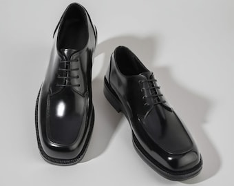 Mens Black Leather Handmade Square Toe Oxford Formal Shoes