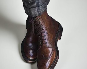 Handmade Men’s Dark Brown Wing Tip Brogue High Ankle Lace Up Business Boots