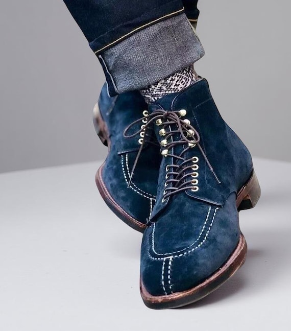 Men\'s Handmade Blue Suede Lace Up Ankle Boots Designer Dress Boots Bobbies 12 Handmade Mens Ankle High Boot, Men main image 3