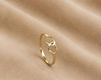 Bague double coeur minimaliste, bague coeur en or pour femme, anneau coeur ouvert délicat, bague de promesse romantique, cadeau bijoux empilable pour tous les jours