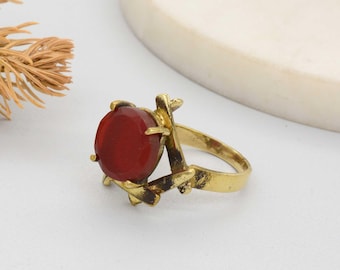 Red Stone Gold Ring, Vintage Style Artisan Ring, Oval Gemstone Ring for Women, Handmade Boho Statement Jewelry, Gift for Her