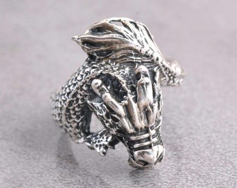 Sterling Silver Dragon Ring, Men’s Dragon Head Ring, Gothic Fantasy Ring, Vintage Style Silver Ring, Bold Biker Jewelry, Gift for Him