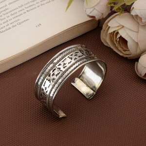 Engraved Silver Cuff Bracelet, Boho Adjustable Brass Bangle, Handmade Tribal Statement Jewelry, Vintage Ethnic Gift for Women