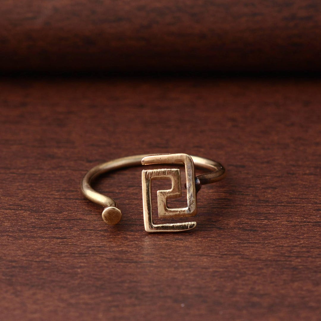 Geometric Key Ring Gold Geometric Greek Key Open Ring, Minimalist Adjustable Statement ...