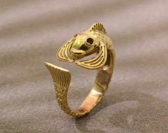 Bague poisson en or réglable, bague animal unique pour femme, bijoux tendance en or d'inspiration vintage, cadeau poisson porte-bonheur pour elle