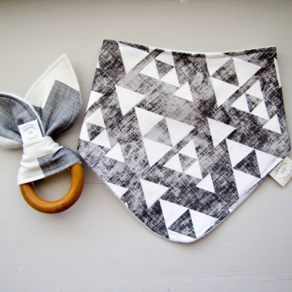 Triangle Scarf & Wooden Teething Ring Bundle - Charcoal Triangle Triangle Scarf, Gray Plus Wooden Teething Ring