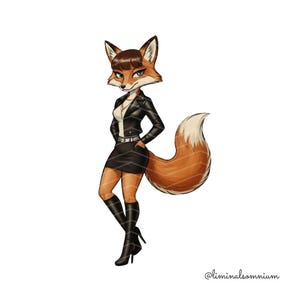 May include: Illustration of a fox character wearing a black leather jacket, skirt, and boots. The fox has brown fur, a white chest, and a long, bushy tail with a white tip. The fox is standing with one hand in a pocket.