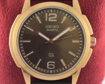 Seiko Slim Men's Tank Quartz Vintage Wrist Watch | Round Shape | Brown Dial | Brown Leather Band | DDP for US Customers