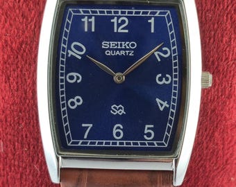 Seiko Slim Men's Tank Quartz Vintage Wrist Watch | Rectangle Shape | Blue Dial | Brown Leather Band | DDP for US Customers