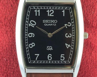 Seiko Slim Men's Tank Quartz Vintage Wrist Watch | Rectangle Shape | Black Dial | Leather Band | DDP for US Customers