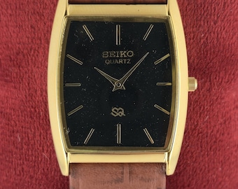 Seiko Slim Men's Tank Quartz Vintage Wrist Watch | Rectangle Shape | Black Dial | Brown Leather Band | DDP for US Customers