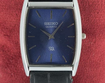 Seiko Slim Men's Tank Quartz Vintage Wrist Watch | Rectangle Shape | Blue Dial | Black Leather Band | DDP for US Customers