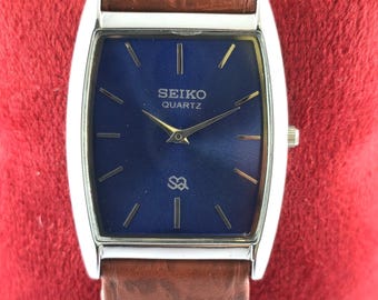 Tank Style Seiko Slim Blue Dial Leather Band Men Quartz Wristwatch | Rectangle Shape