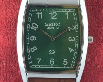 Seiko Slim Men's Tank Quartz Vintage Wrist Watch | Rectangle Shape | Green Dial | Brown Leather Band | DDP for US Customers