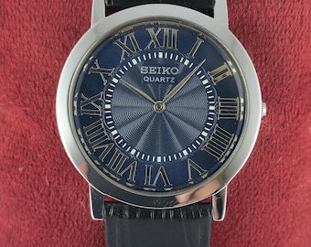 Seiko Slim Men's Tank Quartz Vintage Wrist Watch | Round Shape | Blue Dial | Black Leather Band | DDP for US Customers