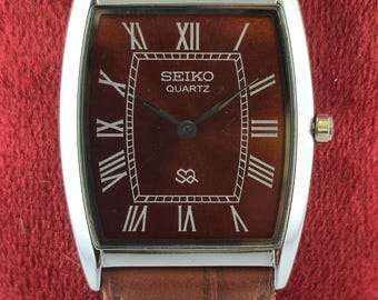 Seiko Slim Men's Tank Quartz Vintage Wrist Watch | Red Dial | Leather Band | Roman Numerals | Rectangle Shape | DDP for US Customers
