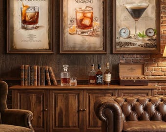 Set de arte de cócteles vintage: Old Fashioned, Negroni, Espresso Martini / Decoración de bar imprimible / Paquete de 3 pósteres