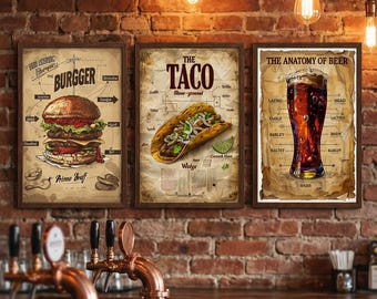 Póster de hamburguesa, taco y cerveza, decoración retro para pared de cocina, impresiones artísticas vintage para bar, descarga digital (3 impresiones)
