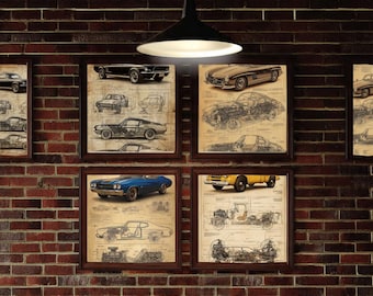 Láminas artísticas de planos de coches clásicos: Mustang, Mercedes, Chevelle y Dodge (descarga digital)