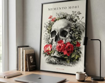Póster de Memento Mori / Arte mural de calaveras y rosas rojas / Impresión de filosofía gótica y estoica / Descarga digital instantánea
