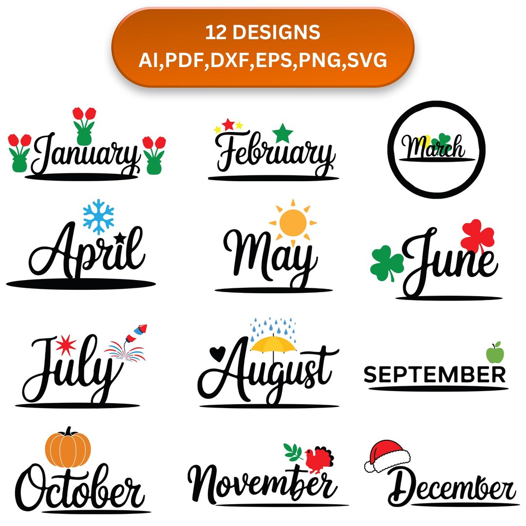 12 Months of the Year Svg Bundle, Cricut Files, Png, Digital Download ...
