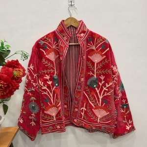 Red Embroidered Jacket for Women, Floral Folk Art Coat, Colorful Botanical Embroidery, Boho Statement Outerwear, Artistic Jacket