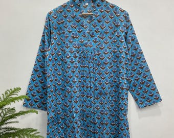 Floral Hand Block Printed Cotton Dress Gauze Dress | Lightweight Summer Midi