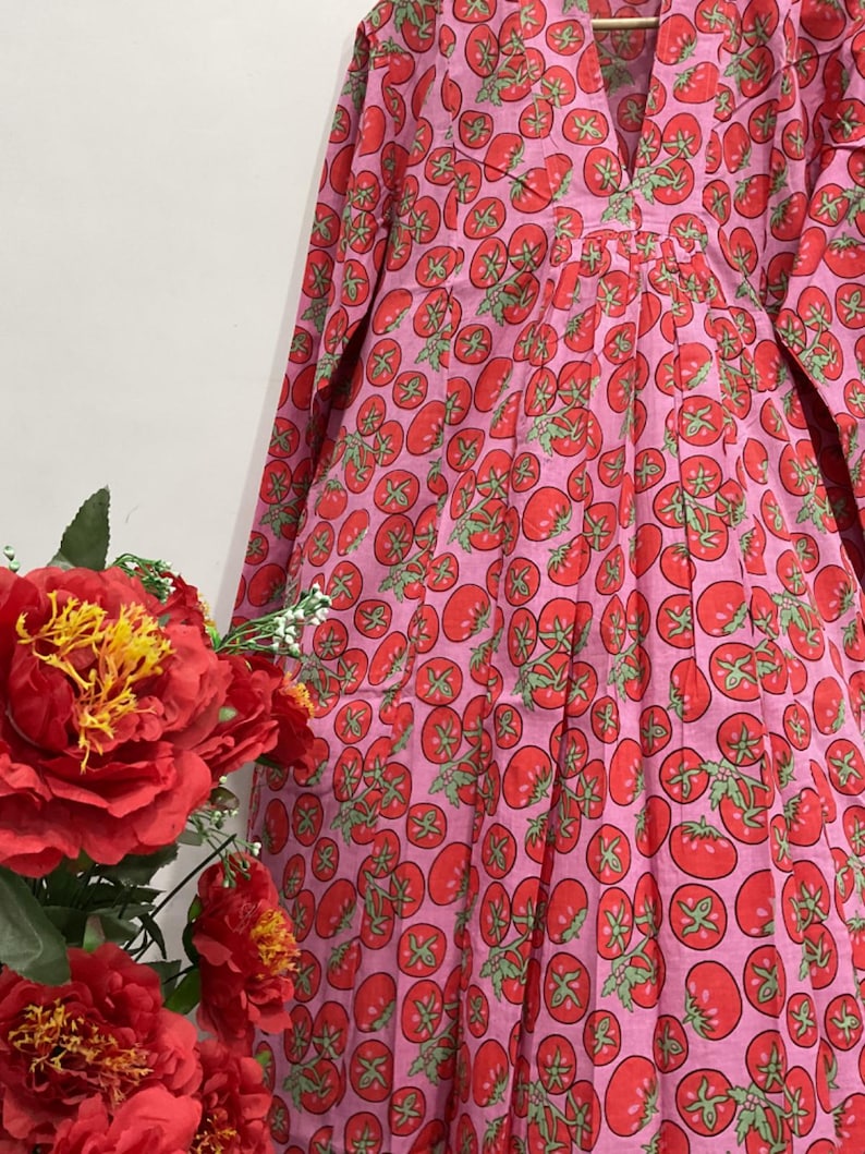 Tomato Print Cotton Midi Dress | Block Print Ethical Bohemian Fashion image 3