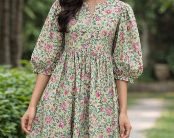 Floral Block Printed Cotton Dress Gauze Dress | Lightweight Summer Midi