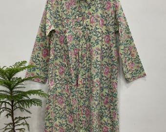 Floral Hand Block Printed Cotton Dress Gauze Dress | Lightweight Summer Midi