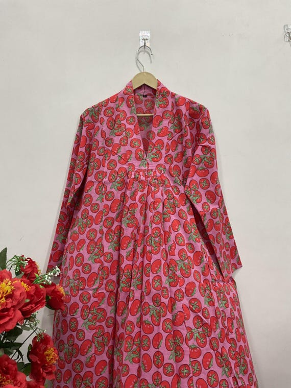 Tomato Print Cotton Midi Dress | Block Print Ethical Bohemian Fashion