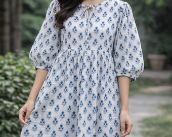 Hand Block Print Cotton Gauze Dress, Ethically Made Midi Dress