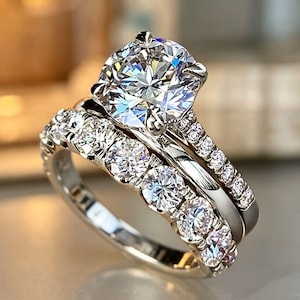 Conjunto de anillos de compromiso solitario de talla redonda, 3 anillos de boda apilables, alianza de boda de moissanita, delicado anillo de promesa, regalo para ella.